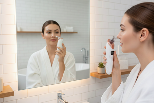 Woman using blackhead remover while looking in mirror