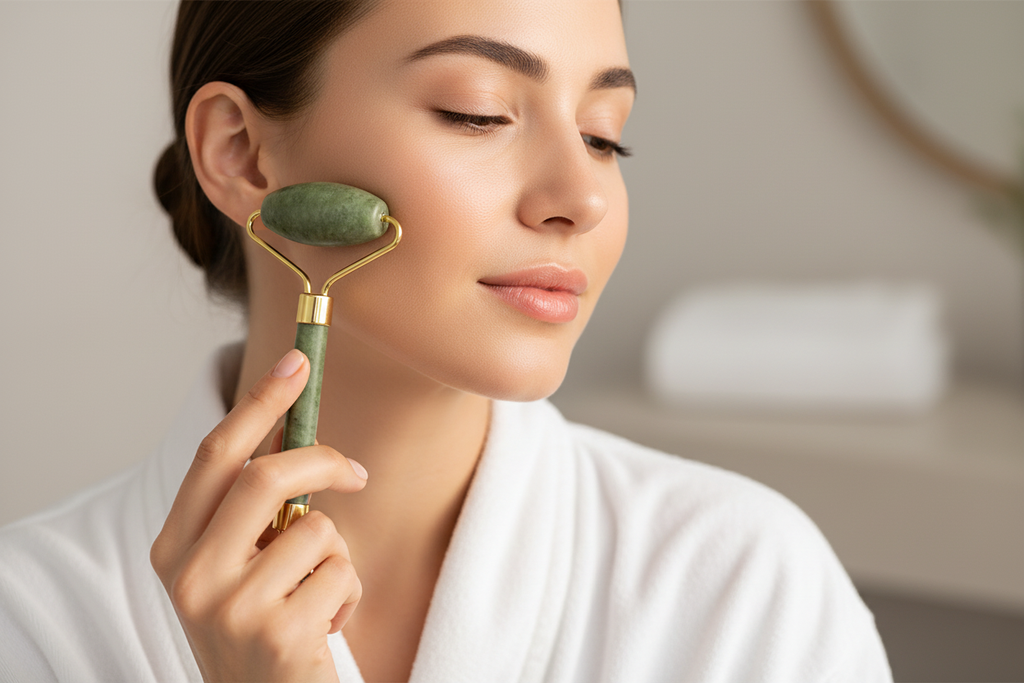 Woman using jade gua sha and facial roller