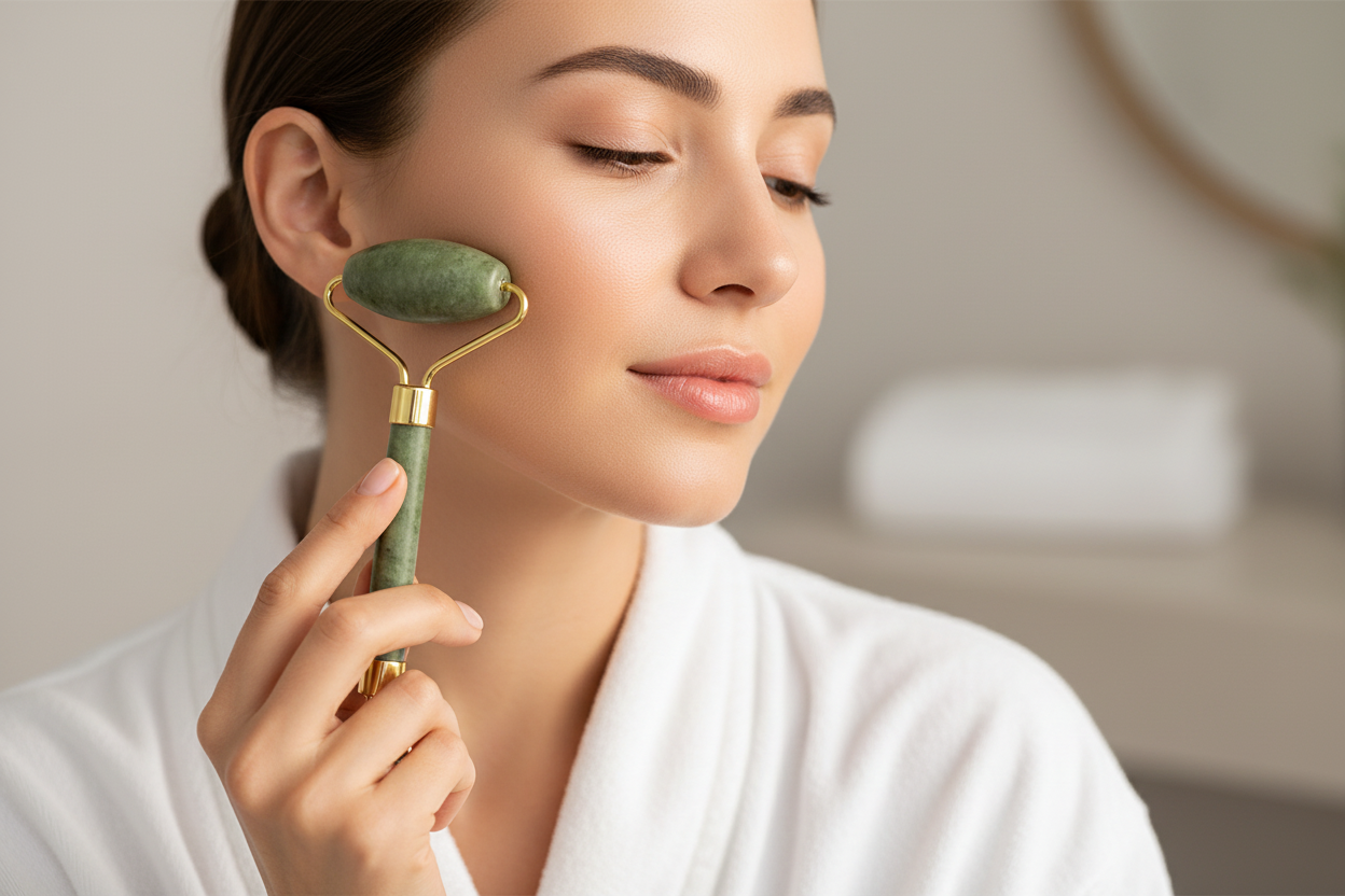Woman using jade gua sha and facial roller